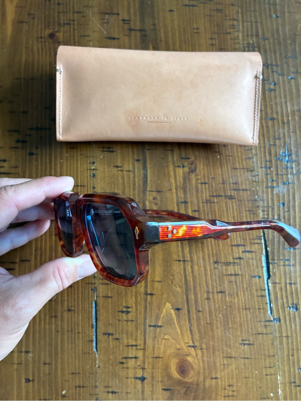 Tortoise Square Sunglasses with Tan Leather Case